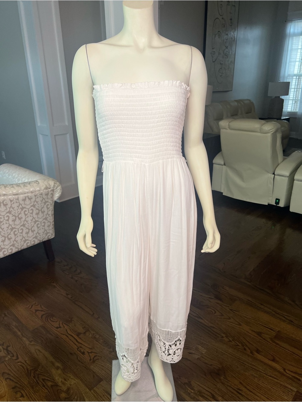 American Eagle Outfitters White Smocked Jumpsuit with Crochet Hem